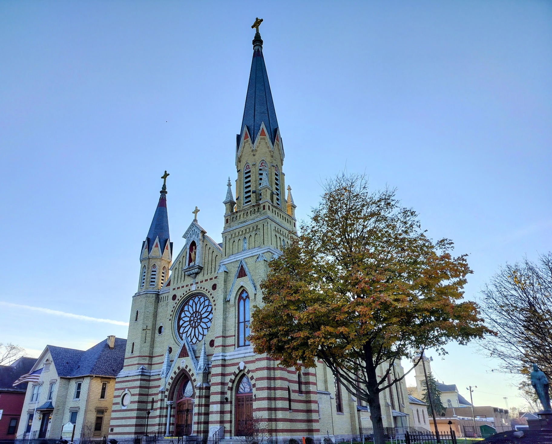 A neighboring South Bend church with tall steeple